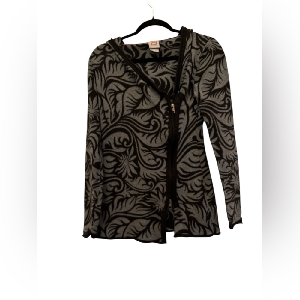 Avalanche Wear Hooded Zip Jacket Black Gray Floral Scroll Knit Small